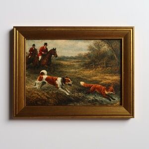 Vintage inspired Hunting Scene Framed Art print in Gold Frame 5x7 Canaan Akita